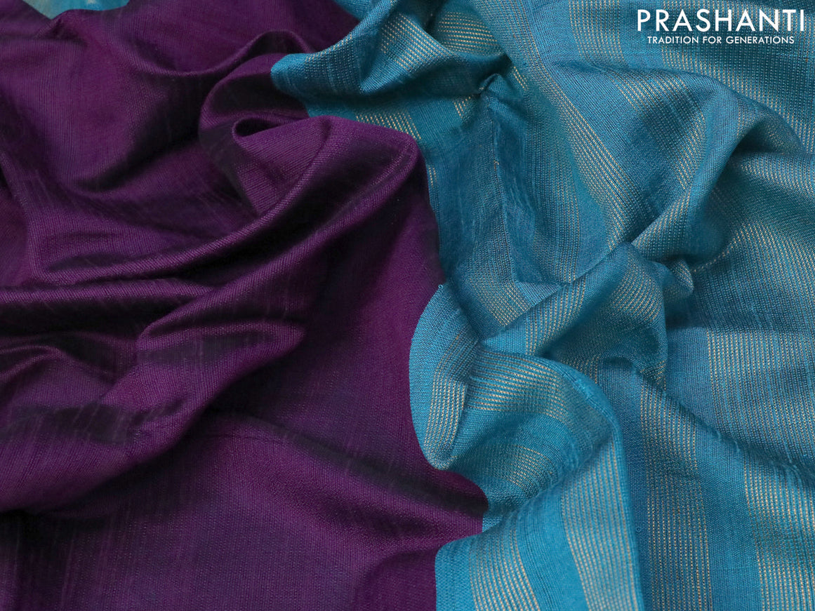 Dupion silk saree purple and teal blue with plain body and temple design zari woven simple border