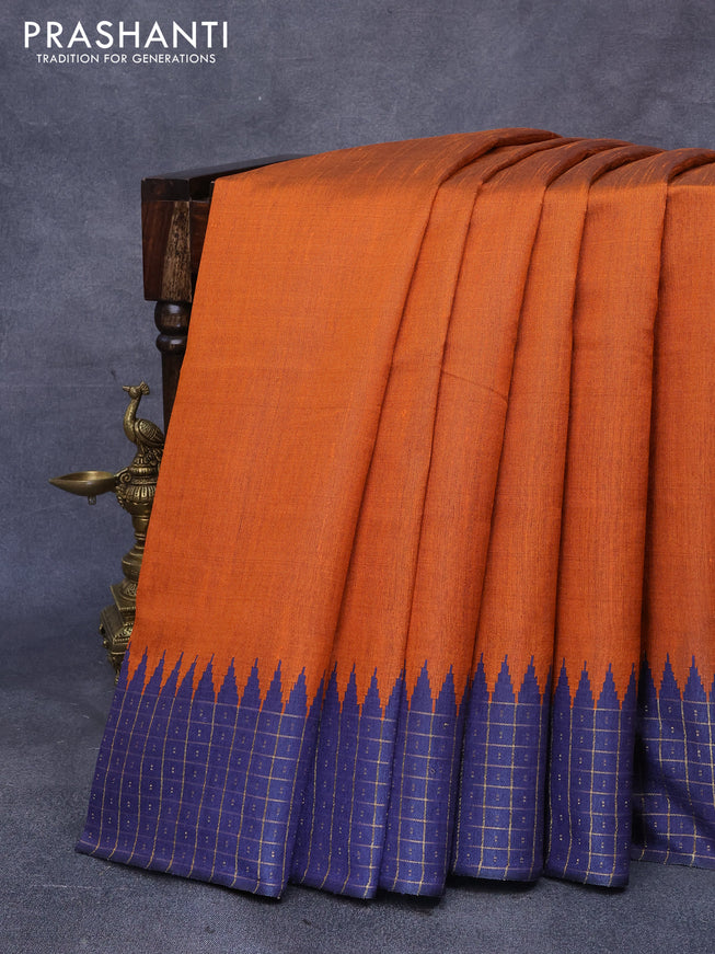 Dupion silk saree orange and blue with plain body and temple design zari checked border