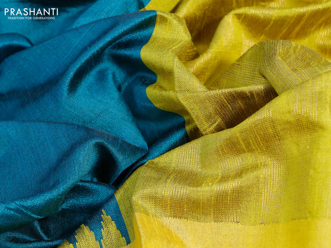 Dupion silk saree peacock green and lime yellow with plain body and temple design zari woven simple border