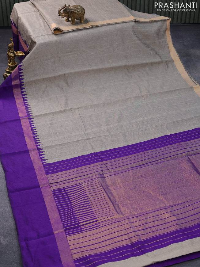 Dupion silk saree grey shade and violet with plain body and temple design zari woven simple border