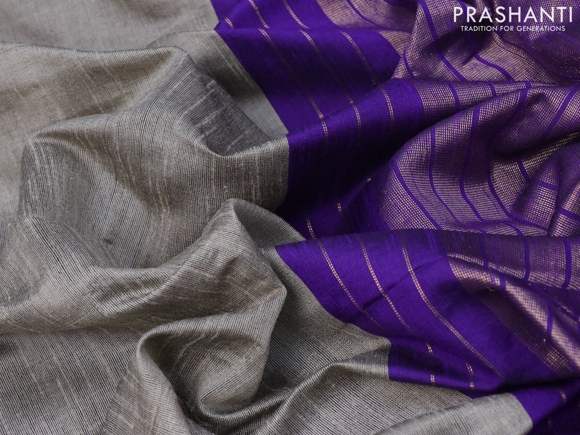 Dupion silk saree grey shade and violet with plain body and temple design zari woven simple border