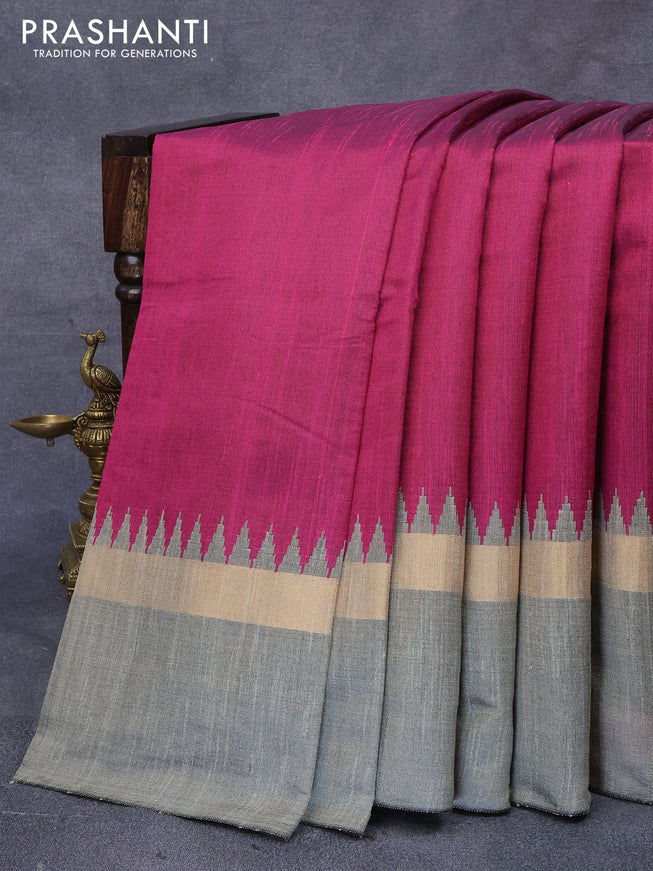 Dupion silk saree magenta pink and grey shade with plain body and temple design zari woven simple border