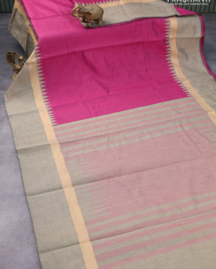 Dupion silk saree magenta pink and grey shade with plain body and temple design zari woven simple border