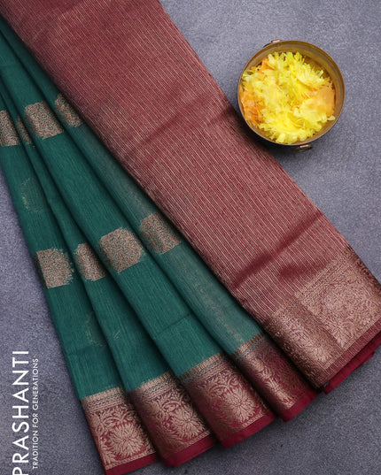 Banarasi semi matka saree teal green shade and dark magenta with thread & zari woven buttas and banarasi style border