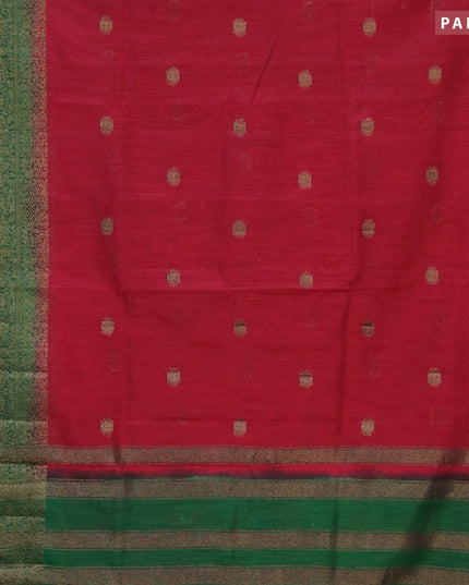 Banarasi semi matka saree maroon and green with thread & zari woven buttas and long banarasi style border