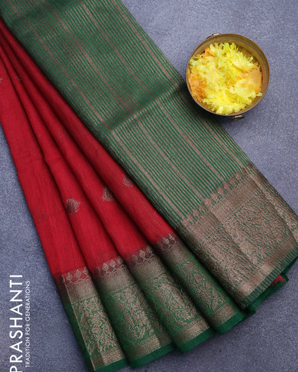 Banarasi semi matka saree red and green with thread & zari woven buttas and long banarasi style border