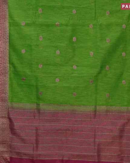 Banarasi semi matka saree mehendi green and dark magenta with thread & zari woven buttas and long banarasi style border