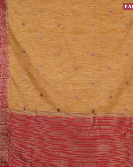 Banarasi semi matka saree dark sandal and maroon with thread & zari woven buttas and long banarasi style border