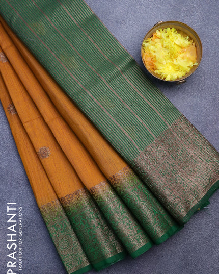 Banarasi semi matka saree mustard yellow and green with thread & zari woven buttas and long banarasi style border