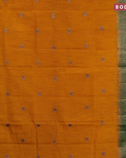 Banarasi semi matka saree mustard yellow and green with thread & zari woven buttas and long banarasi style border