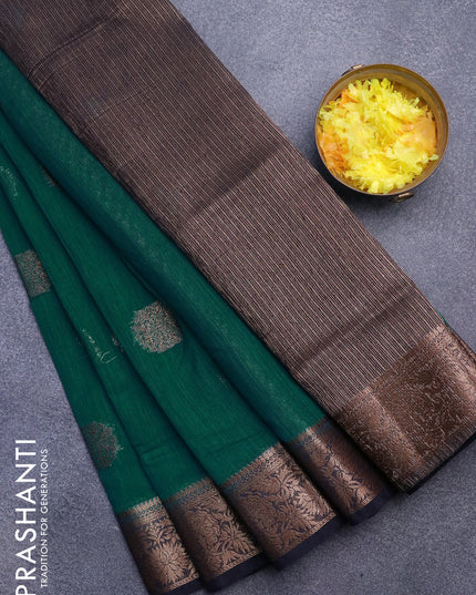 Banarasi semi matka saree teal green shade and navy blue with thread & zari woven buttas and banarasi style border