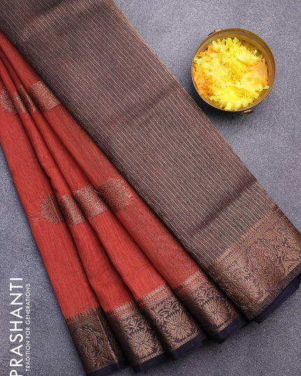 Banarasi semi matka saree rust shade and navy blue with thread & zari woven buttas and banarasi style border