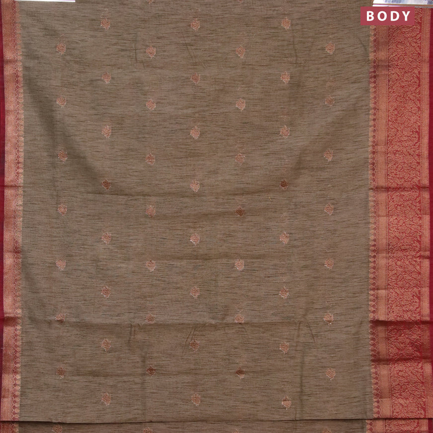 Banarasi semi matka saree grey shade and maroon with thread & zari woven buttas and long banarasi style border