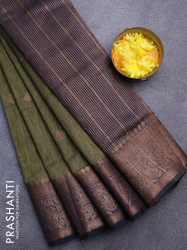 Banarasi semi matka saree sap green and navy blue with thread & zari woven buttas and long banarasi style border