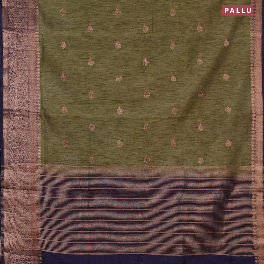Banarasi semi matka saree sap green and navy blue with thread & zari woven buttas and long banarasi style border