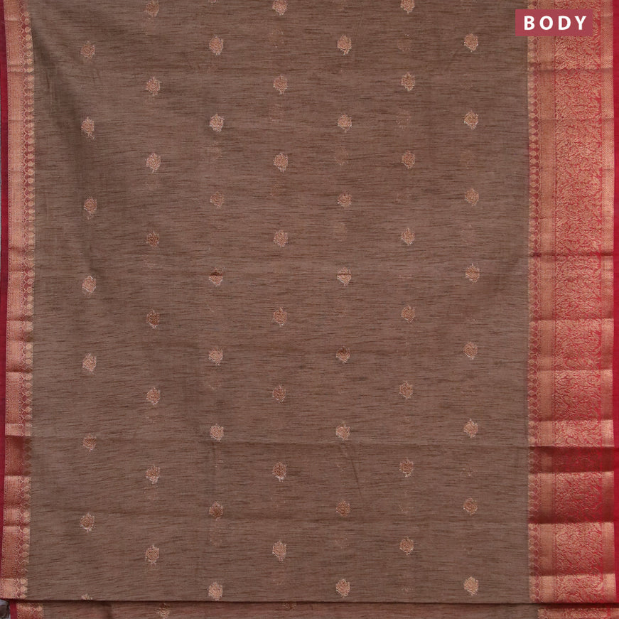 Banarasi semi matka saree pastel brown shade and maroon with thread & zari woven buttas and long banarasi style border