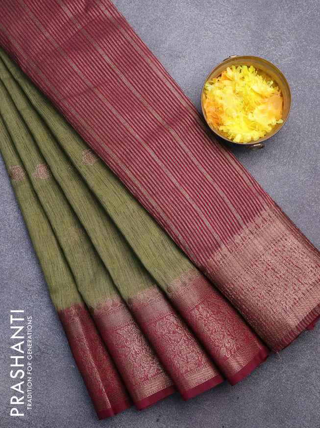 Banarasi semi matka saree sap green and dark magenta with thread & zari woven buttas and long banarasi style border