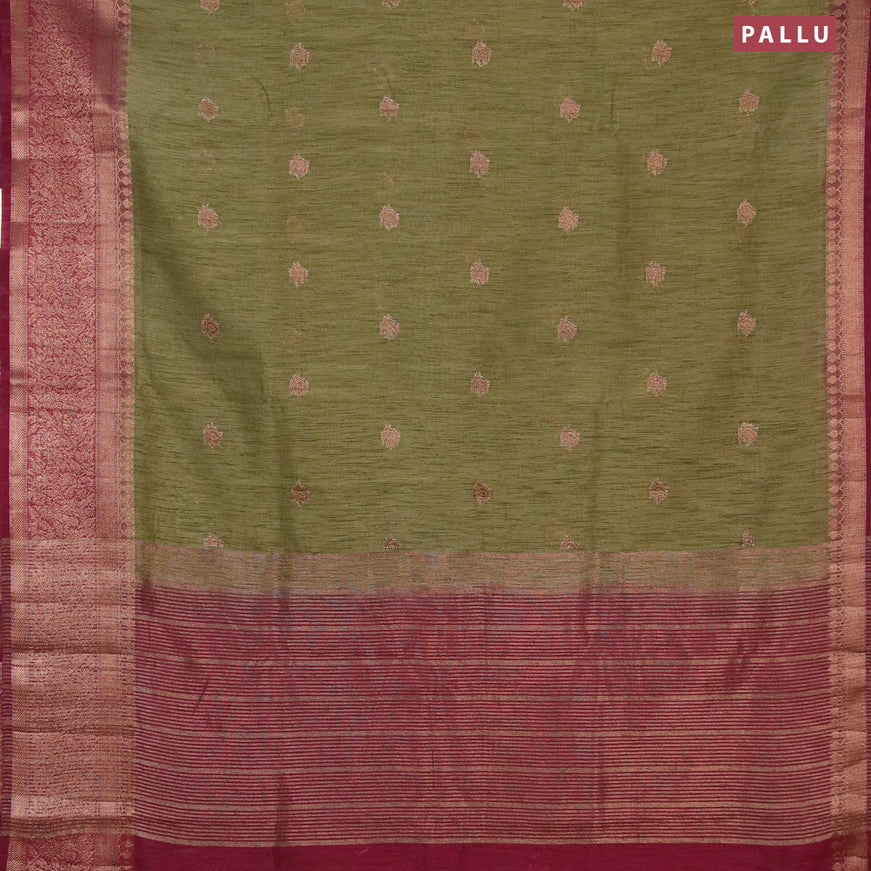 Banarasi semi matka saree sap green and dark magenta with thread & zari woven buttas and long banarasi style border