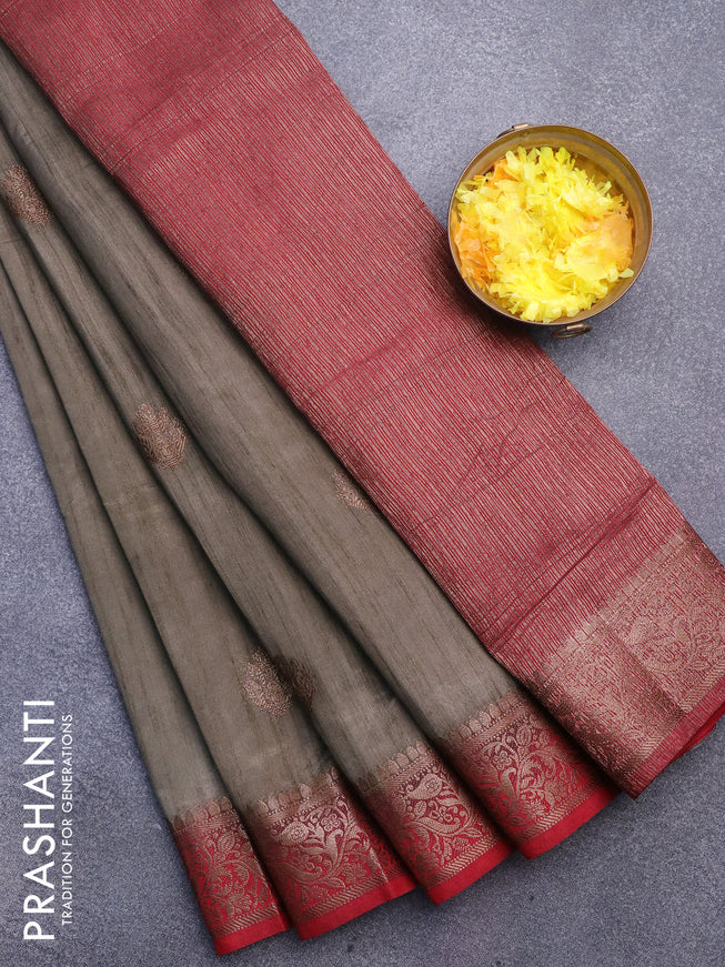 Banarasi semi matka saree grey shade and red with thread & zari woven buttas and banarasi style border
