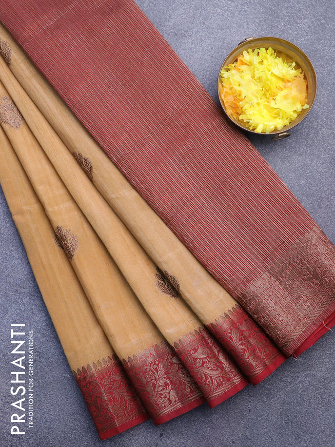 Banarasi semi matka saree sandal and maroon with thread & zari woven buttas and banarasi style border