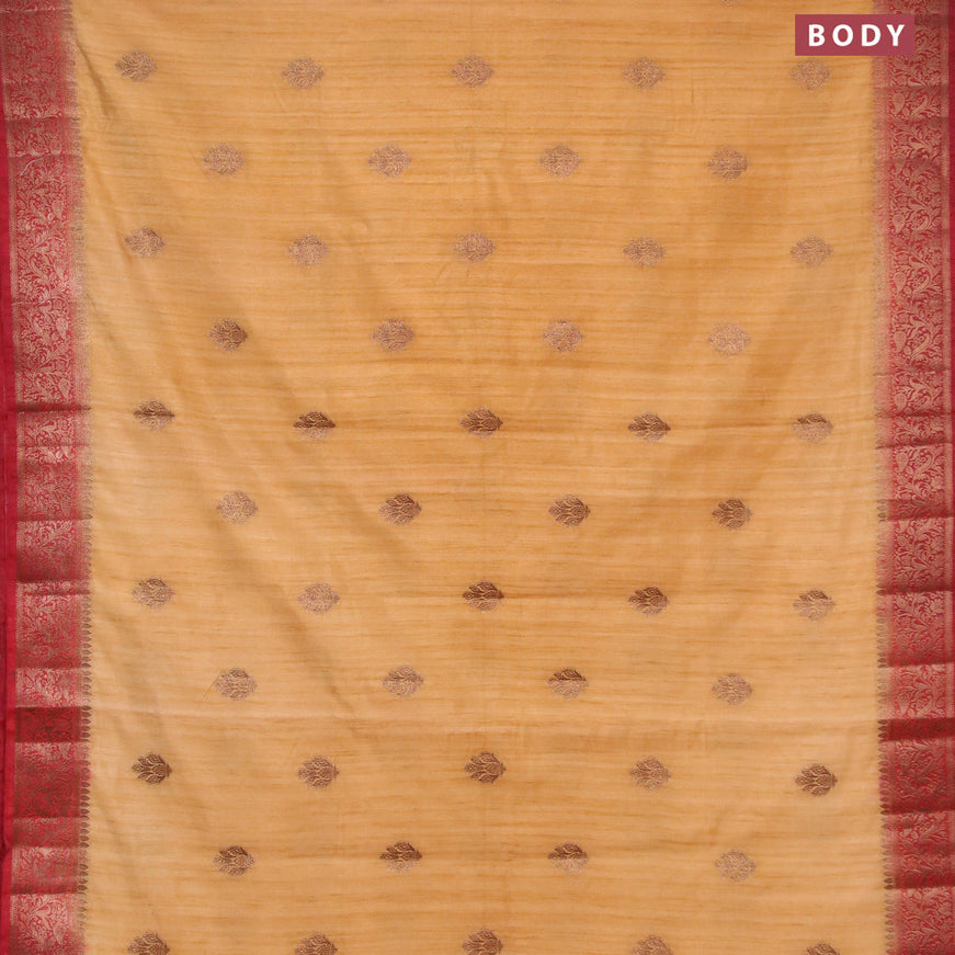 Banarasi semi matka saree sandal and maroon with thread & zari woven buttas and banarasi style border