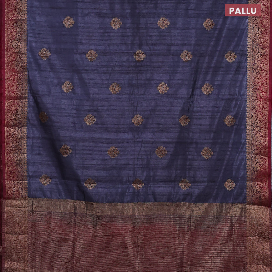 Banarasi semi matka saree dark grey and dark magenta with thread & zari woven buttas and banarasi style border