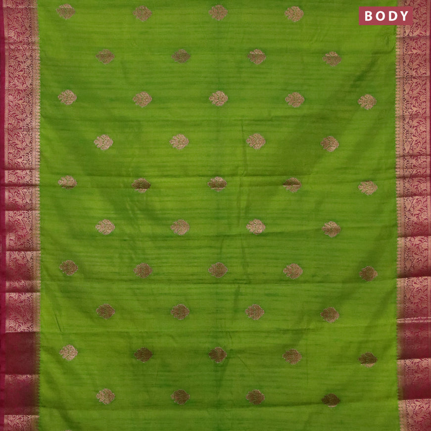Banarasi semi matka saree light green and dark magenta with thread & zari woven buttas and banarasi style border