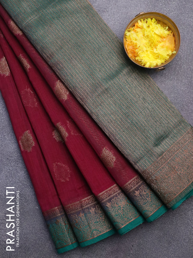 Banarasi semi matka saree dark magenta and teal green with thread & zari woven buttas and banarasi style border