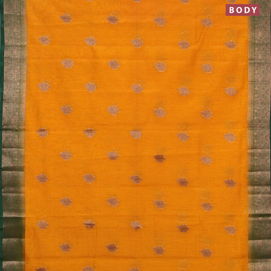 Banarasi semi matka saree mustard yellow and dark green with thread & zari woven buttas and banarasi style border