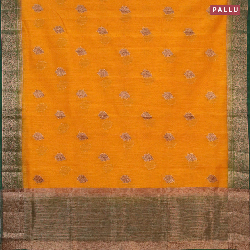 Banarasi semi matka saree mustard yellow and dark green with thread & zari woven buttas and banarasi style border