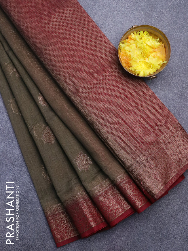 Banarasi semi matka saree grey shade and maroon with thread & zari woven buttas and banarasi style border