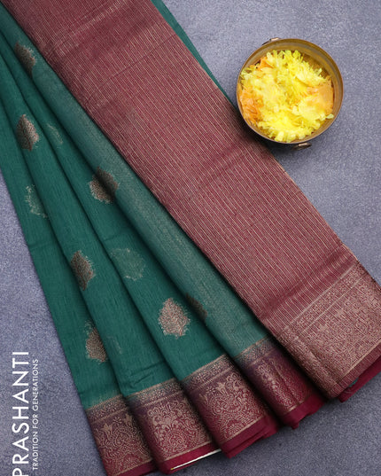 Banarasi semi matka saree green shade and dark magenta with thread & zari woven buttas and banarasi style border
