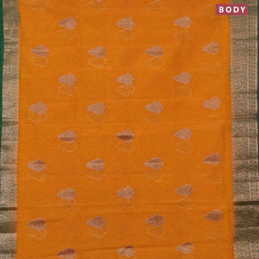 Banarasi semi matka saree mustard yellow and green with thread & zari woven buttas and banarasi style border