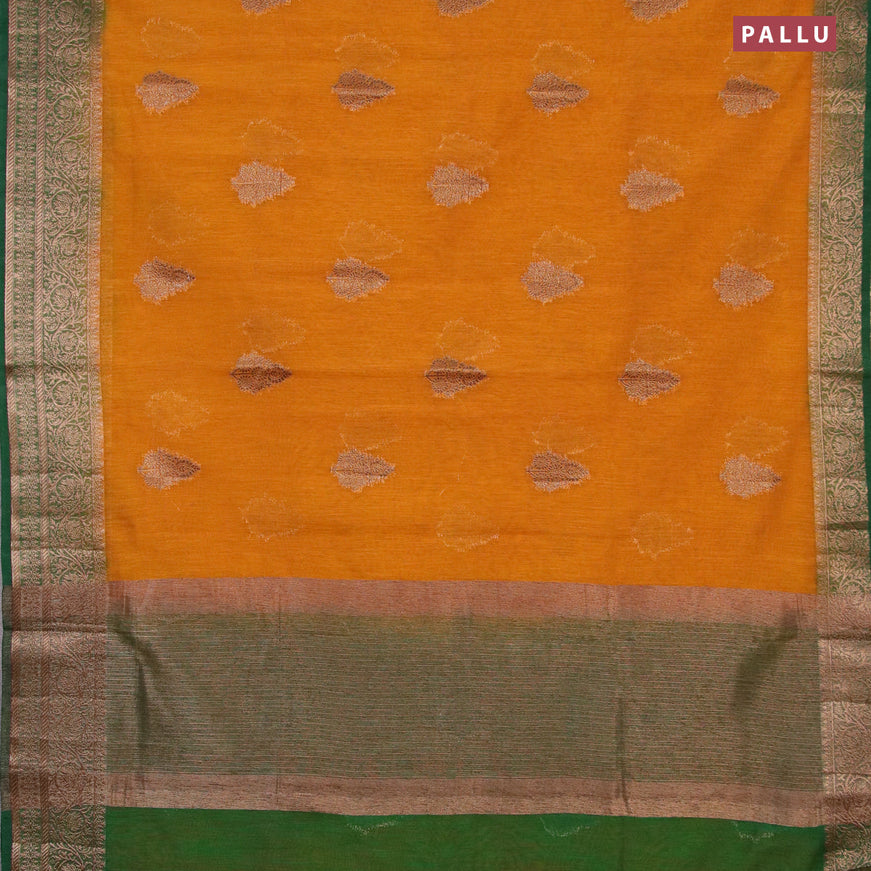 Banarasi semi matka saree mustard yellow and green with thread & zari woven buttas and banarasi style border