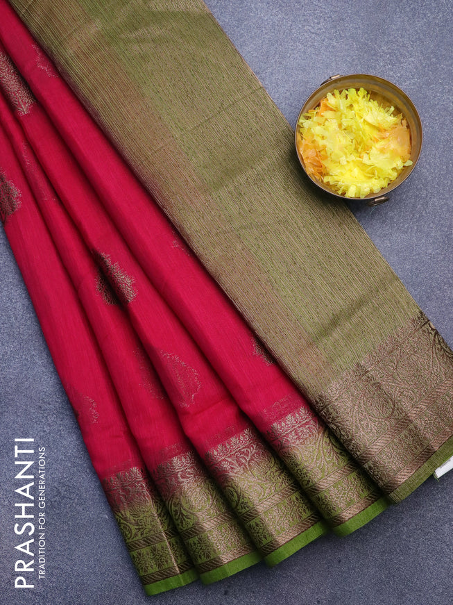Banarasi semi matka saree pink and mehendi green with thread & zari woven buttas and banarasi style border