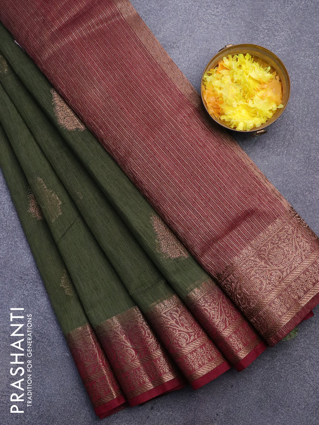Banarasi semi matka saree sap green and dark magenta with thread & zari woven buttas and banarasi style border