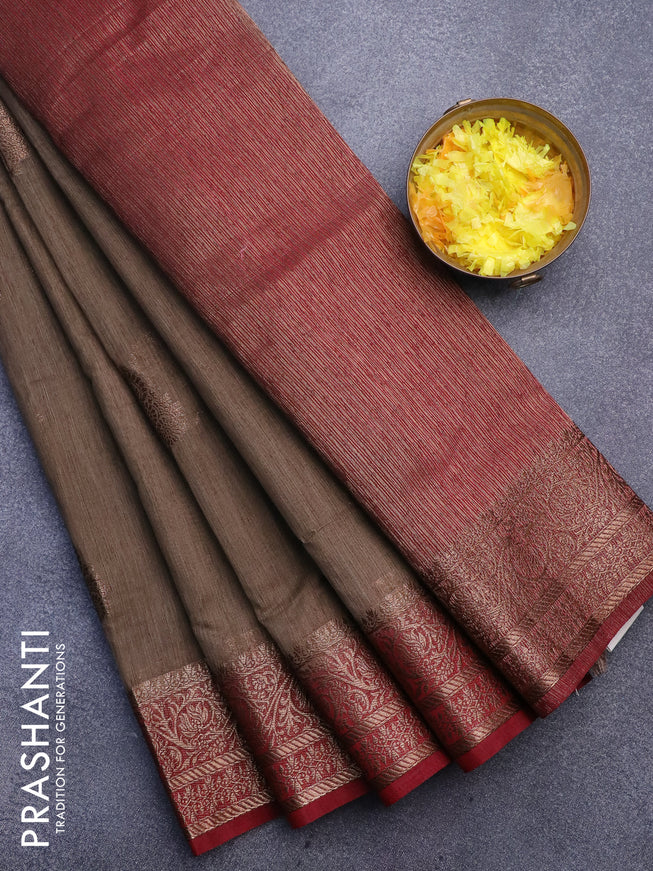 Banarasi semi matka saree pastel brown shade and maroon with thread & zari woven buttas and banarasi style border