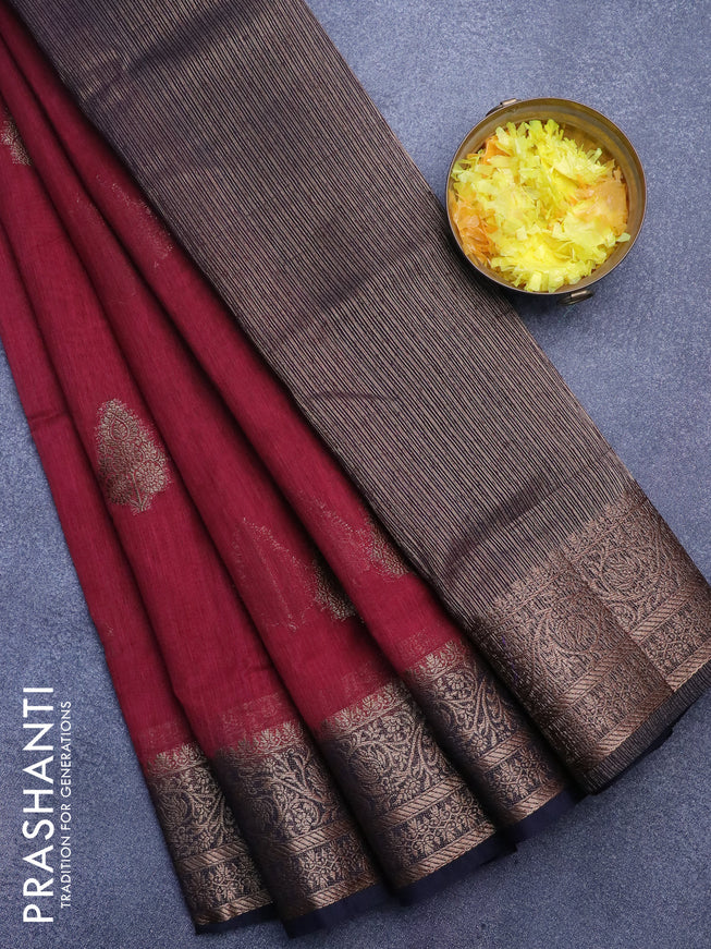 Banarasi semi matka saree maroon and dark navy blue with thread & zari woven buttas and banarasi style border