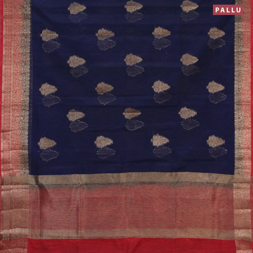 Banarasi semi matka saree navy blue and red with thread & zari woven buttas and banarasi style border