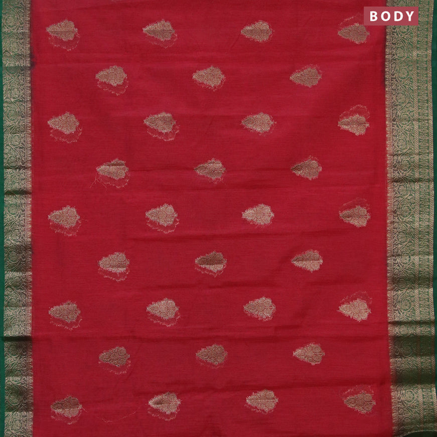 Banarasi semi matka saree maroon and green with thread & zari woven buttas and banarasi style border