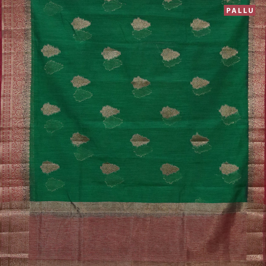 Banarasi semi matka saree green and maroon with thread & zari woven buttas and banarasi style border