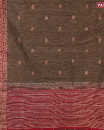 Banarasi semi matka saree pastel brown and maroon with thread & zari woven buttas and long banarasi style border