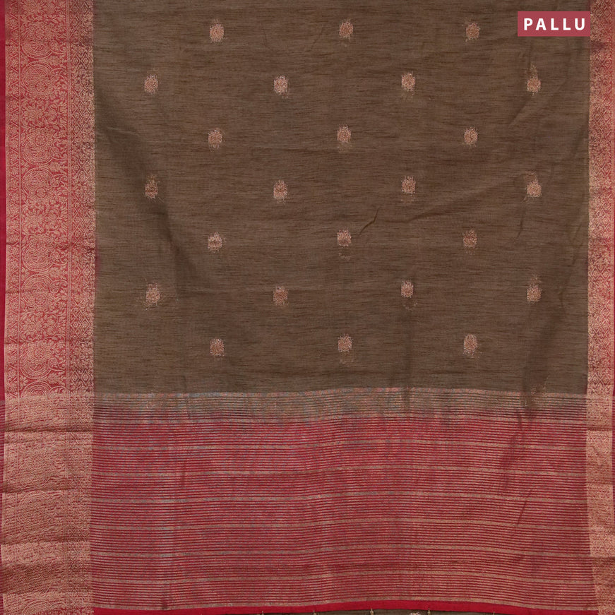 Banarasi semi matka saree pastel brown and maroon with thread & zari woven buttas and long banarasi style border