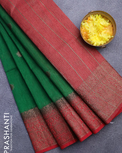 Banarasi semi matka saree green and red with thread & zari woven buttas and long banarasi style border