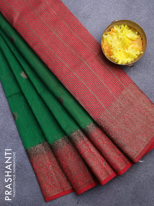 Banarasi semi matka saree green and red with thread & zari woven buttas and long banarasi style border