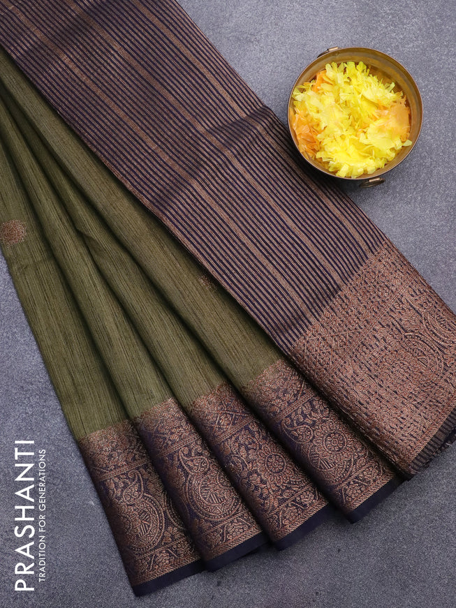 Banarasi semi matka saree dark sap green and navy blue with thread & zari woven buttas and long banarasi style border