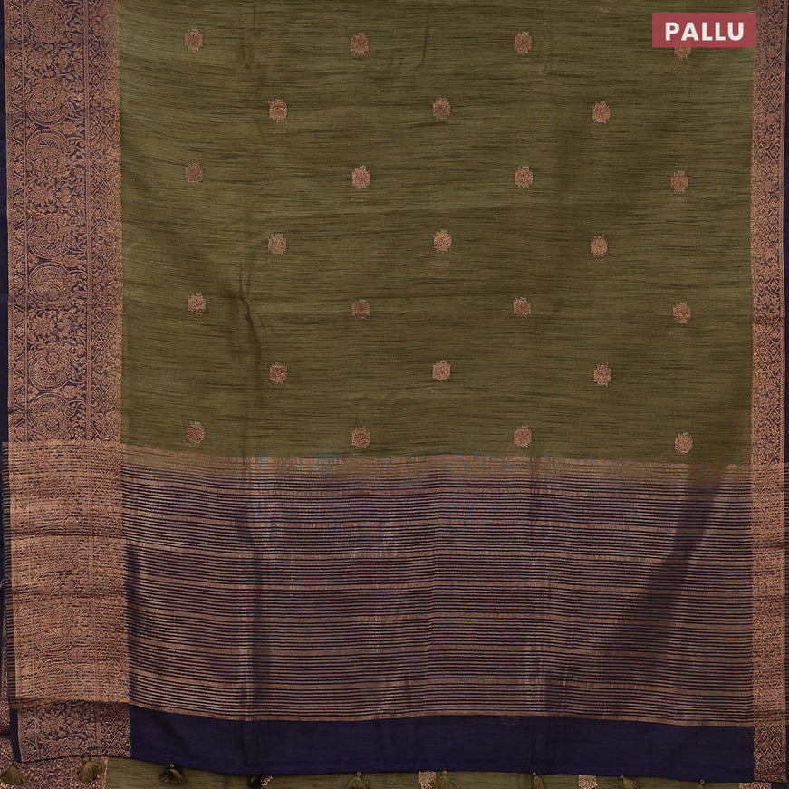 Banarasi semi matka saree dark sap green and navy blue with thread & zari woven buttas and long banarasi style border