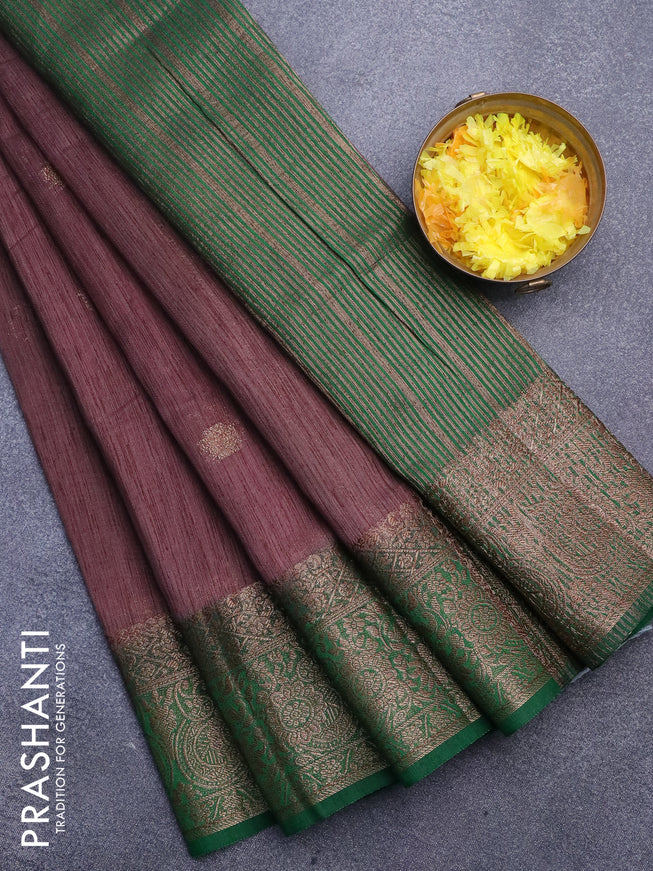 Banarasi semi matka saree rosy brown and green with thread & zari woven buttas and long banarasi style border