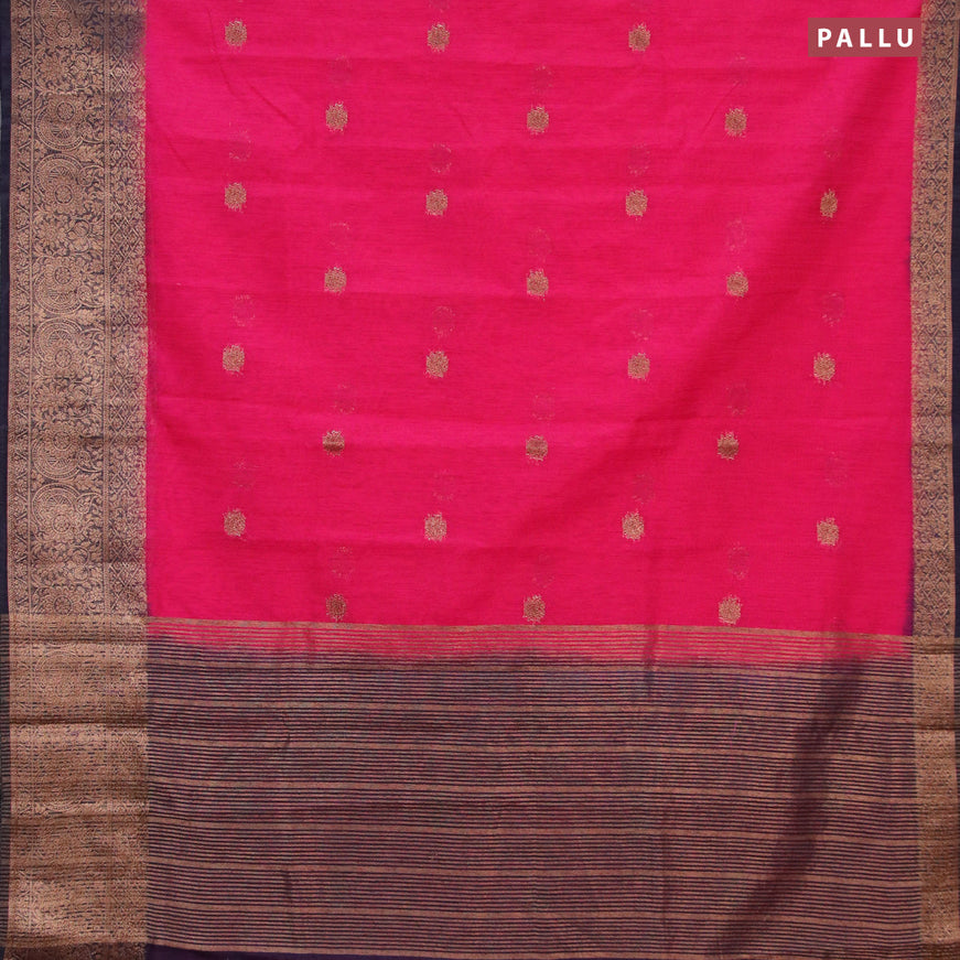 Banarasi semi matka saree pink and navy blue with thread & zari woven buttas and long banarasi style border