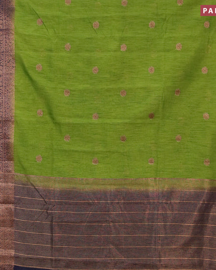 Banarasi semi matka saree light green and navy blue with thread & zari woven buttas and long banarasi style border